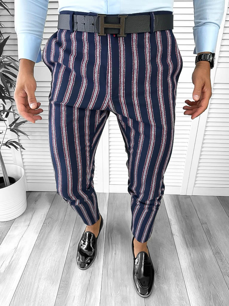 Pantaloni barbati eleganti bleumarin cu dungi B1603 15-4 e ~