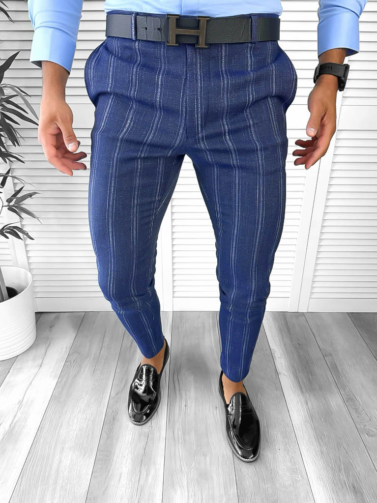 Pantaloni barbati eleganti bleumarin cu dungi B1598 E 19-4 ~