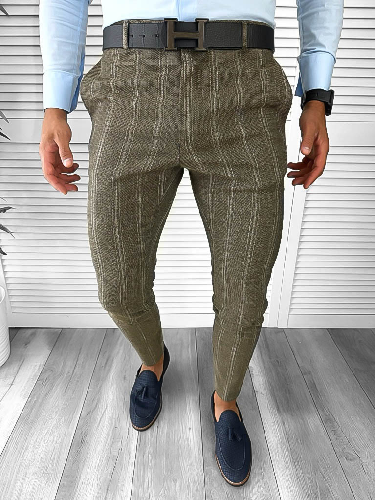 Pantaloni barbati eleganti kaki in dungi B1630 B2-5.1