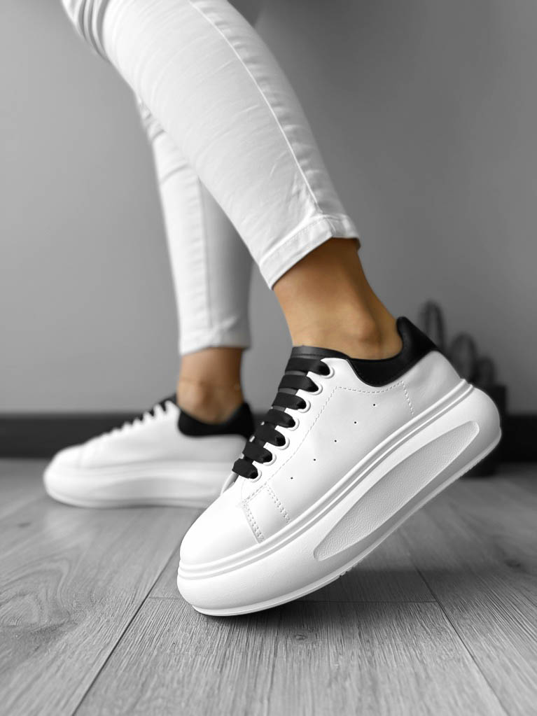 Adidasi dama casual albi cu calcai negru A01