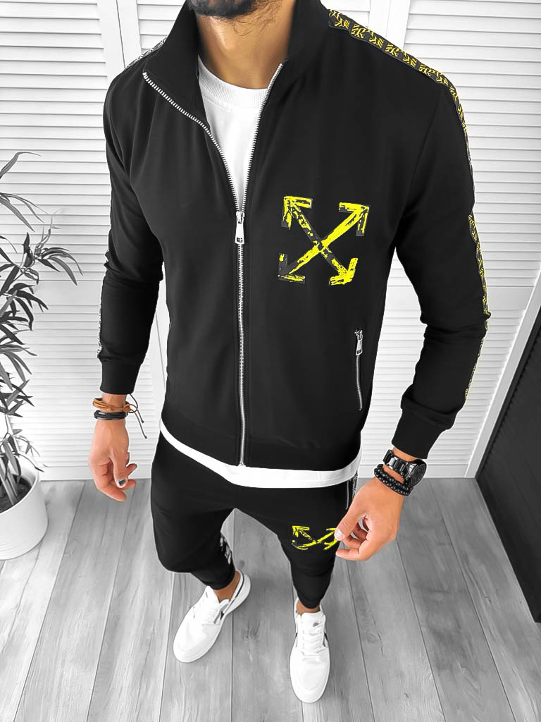 Trening barbati slim fit negru cu galben Pantaloni + Hanorac 12931 I15