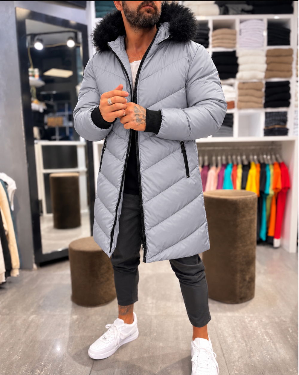 Geaca barbati de iarna  gri  reflectorizanta  blana neagra w223