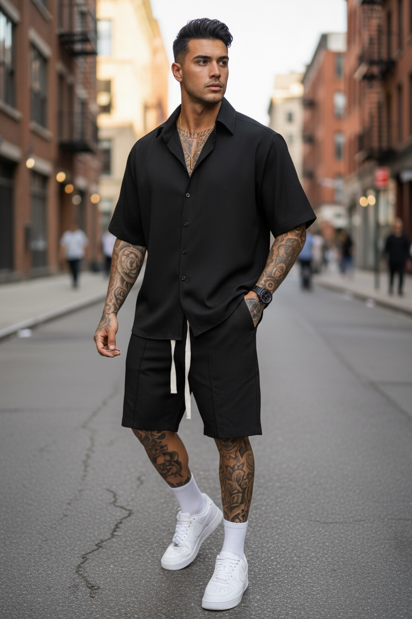 Trening barbati slim fit negru Pantaloni + camasa S110