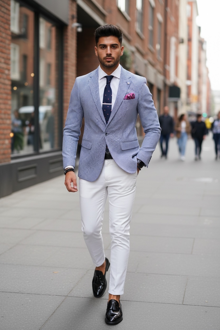 Sacou barbati slim fit cu imprimeu albastru B4235 9-4