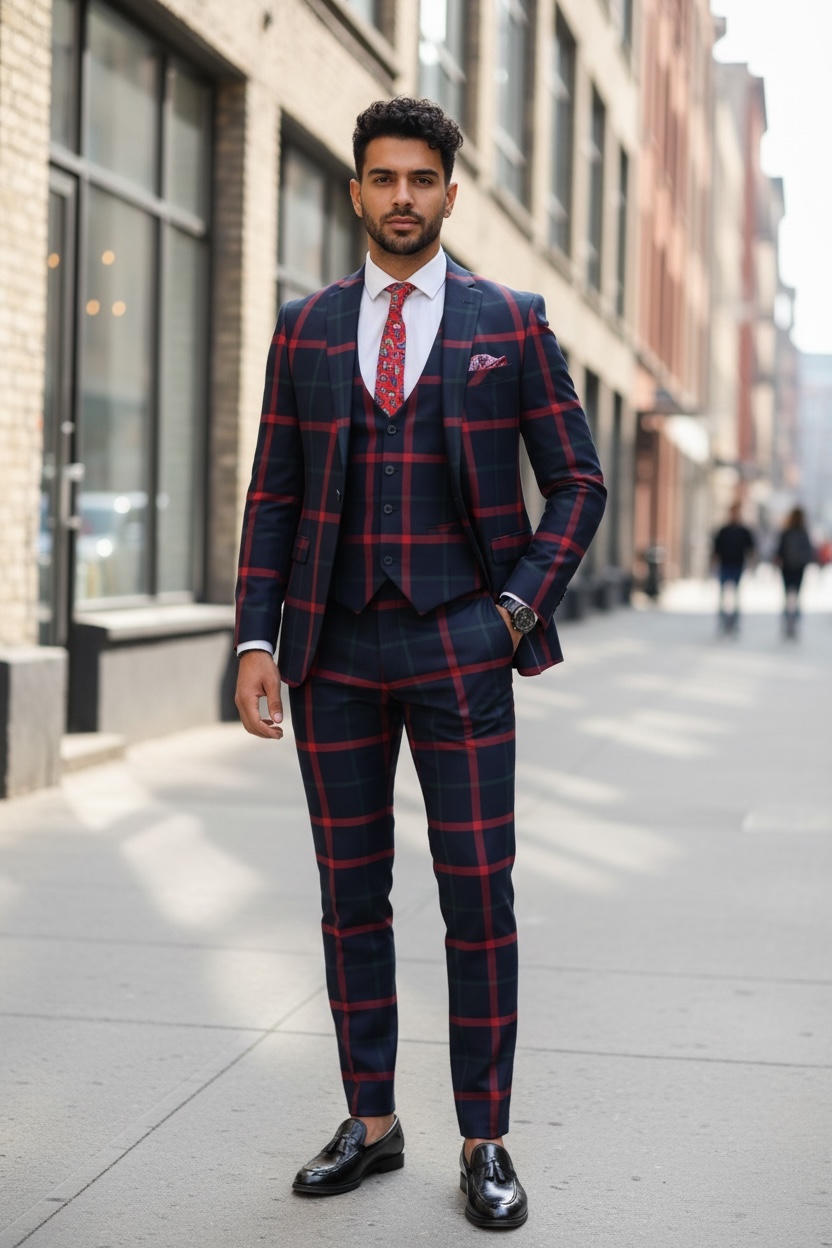 Costum barbati slim fit bleumarin in carouri B7921 92-4