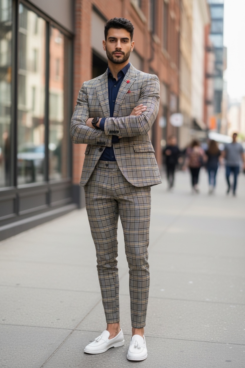 Costum barbati  slim fit in carouri sacou + pantaloni 10268 D4-3.1