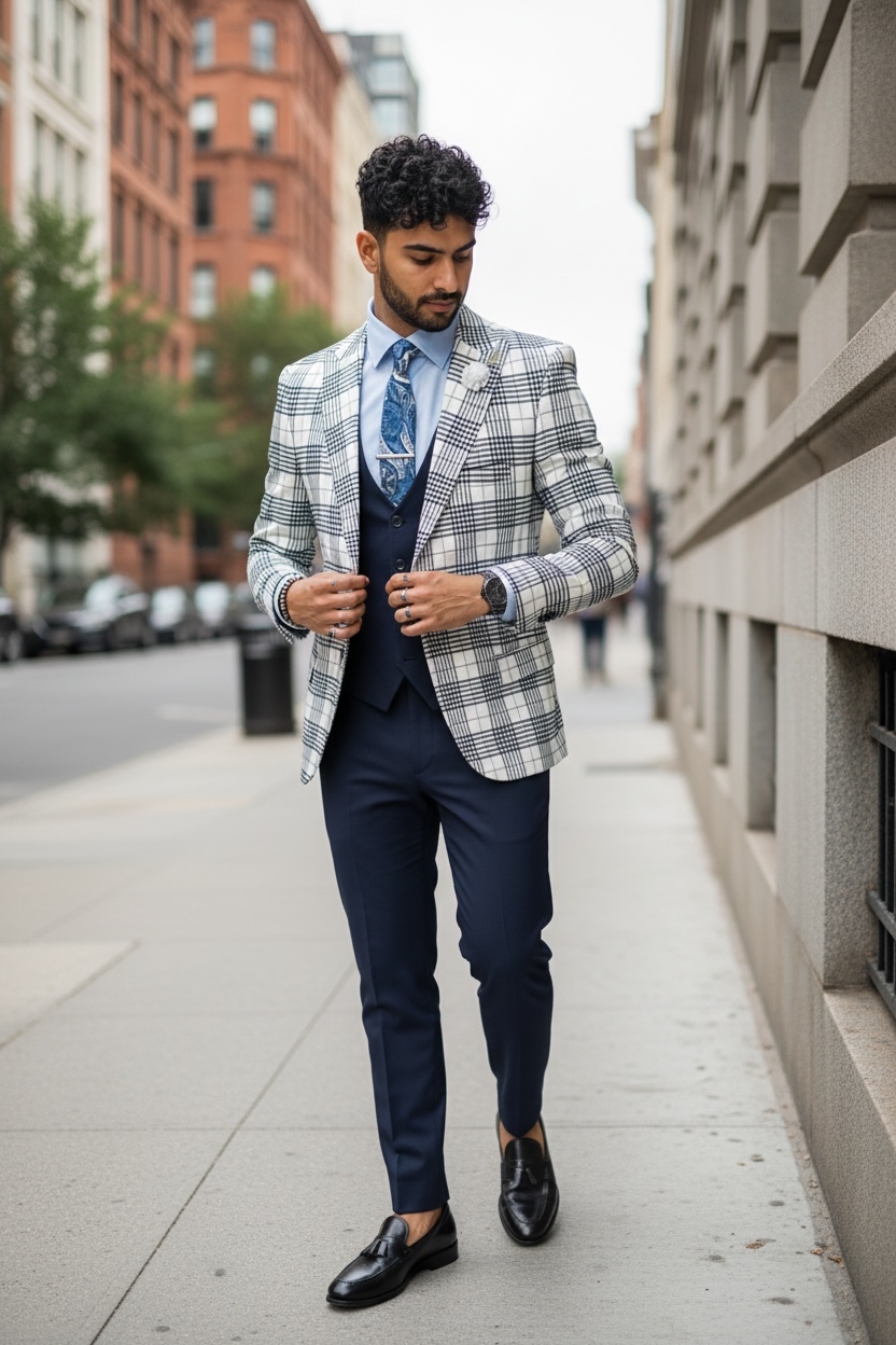 Sacou barbati slim fit alb in carouri  715  37-5