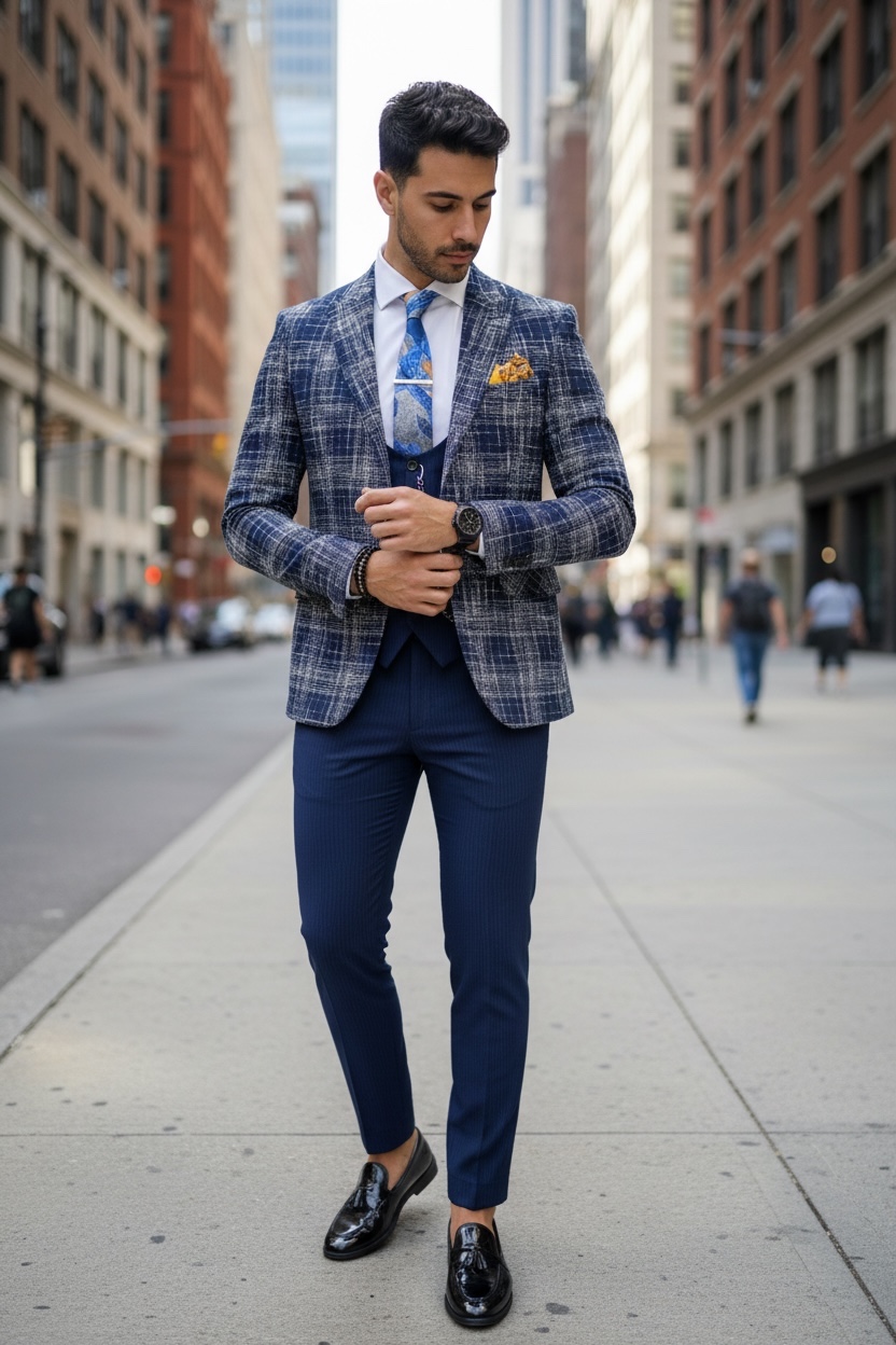 Sacou barbati in carouri slim fit bleumarin  B5303 13-1