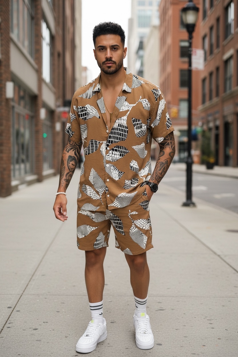 Compleu de vara camasa cu imprimeu + pantaloni maro 13277 K6