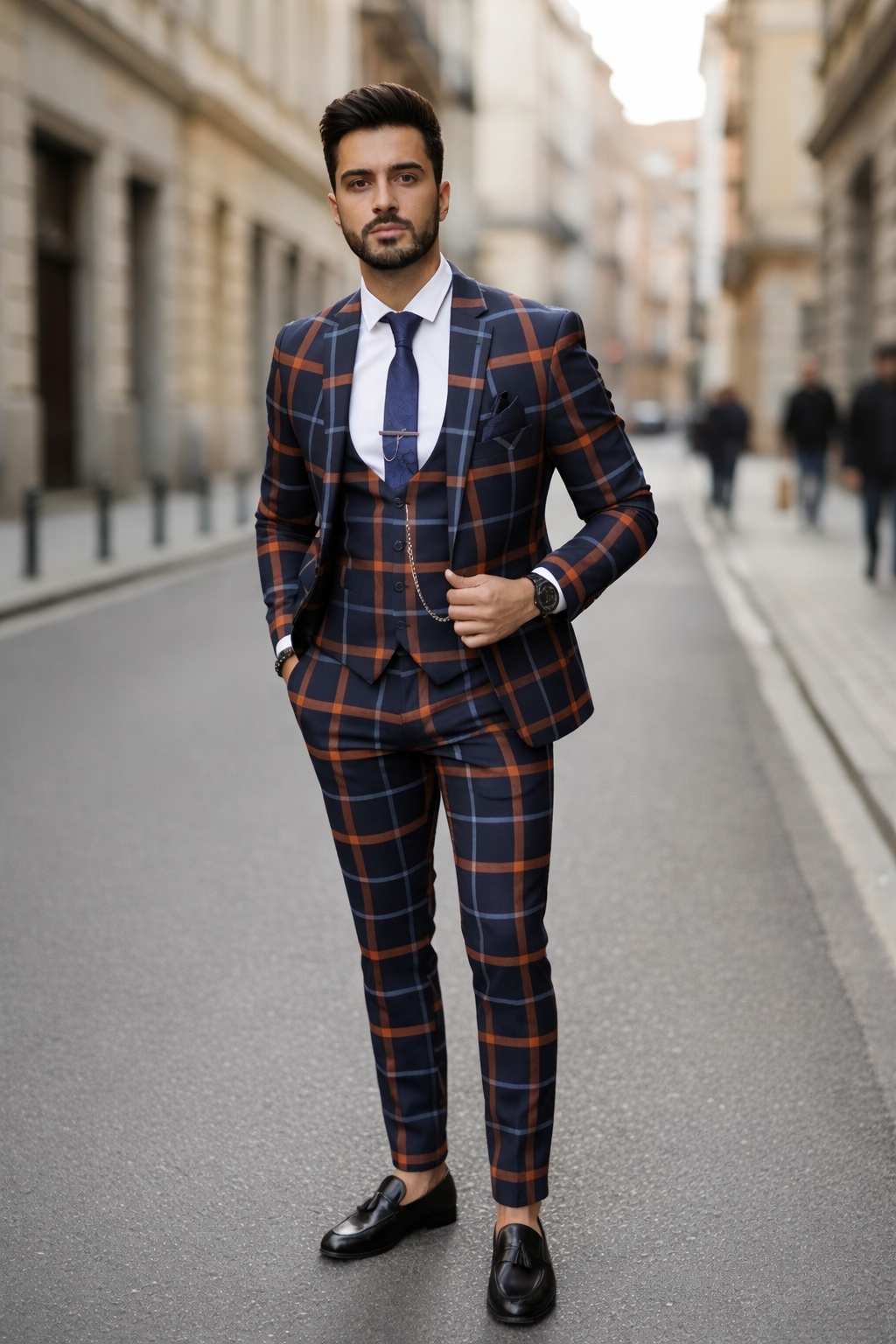 Costum barbati slim fit bleumarin in carouri B7956 92-5