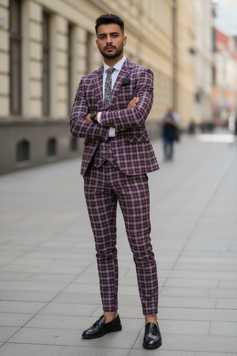 Costum barbati slim fit grena in carouri B7916 10-4