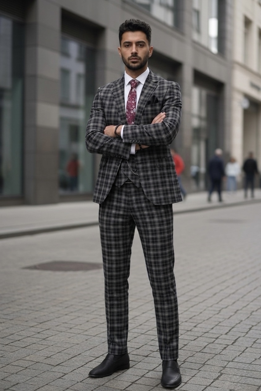 Costum barbati slim fit negru in carouri B7916 124