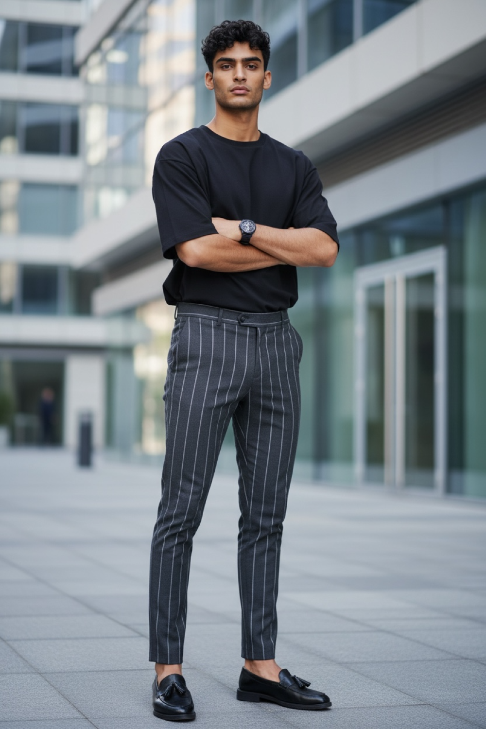 Pantaloni barbati casual regular fit gri in dungi B1301  110-3