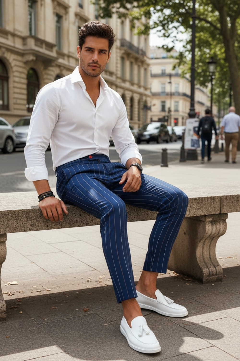 Pantaloni barbati casual regular fit bleumarin in dungi B7871    S3-1