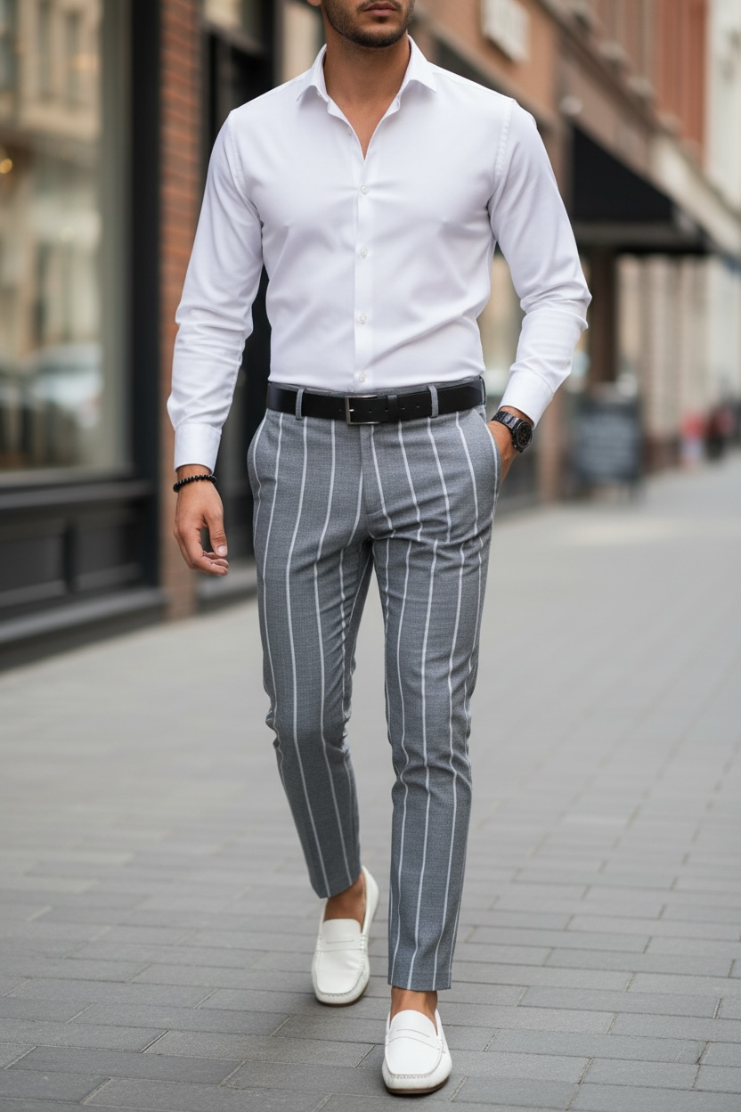 Pantaloni barbati eleganti gri in dungi B1644 U2