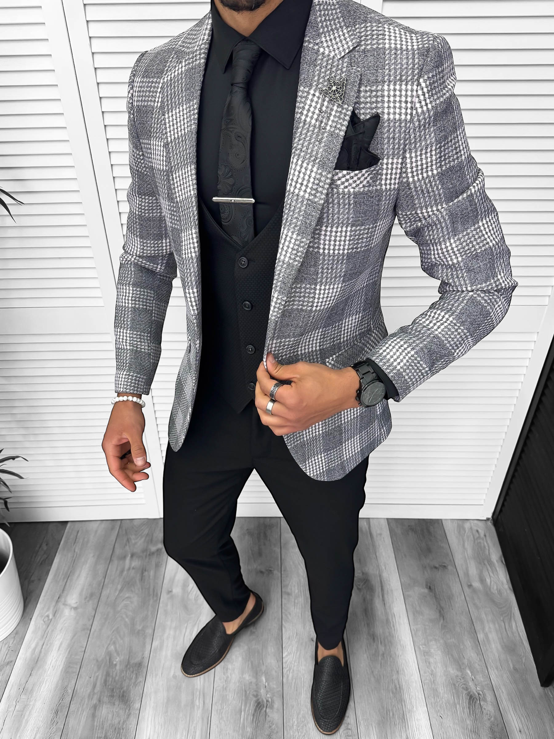 Costum barbati  slim fit sacou  pantaloni  vesta  cravata  batista 13207