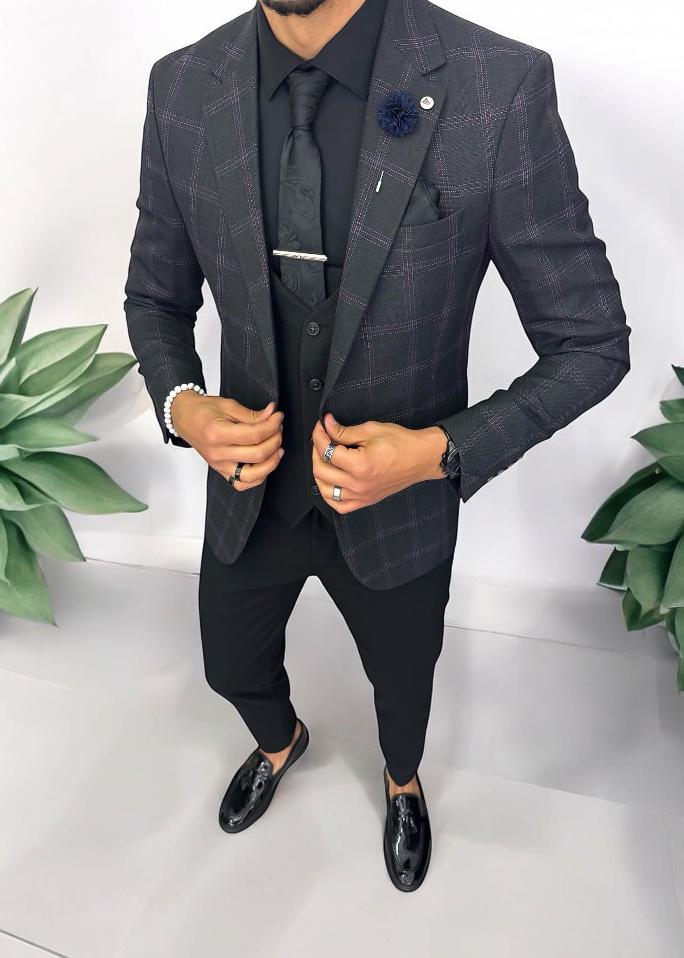 Sacou barbati slim fit gri in carouri 757