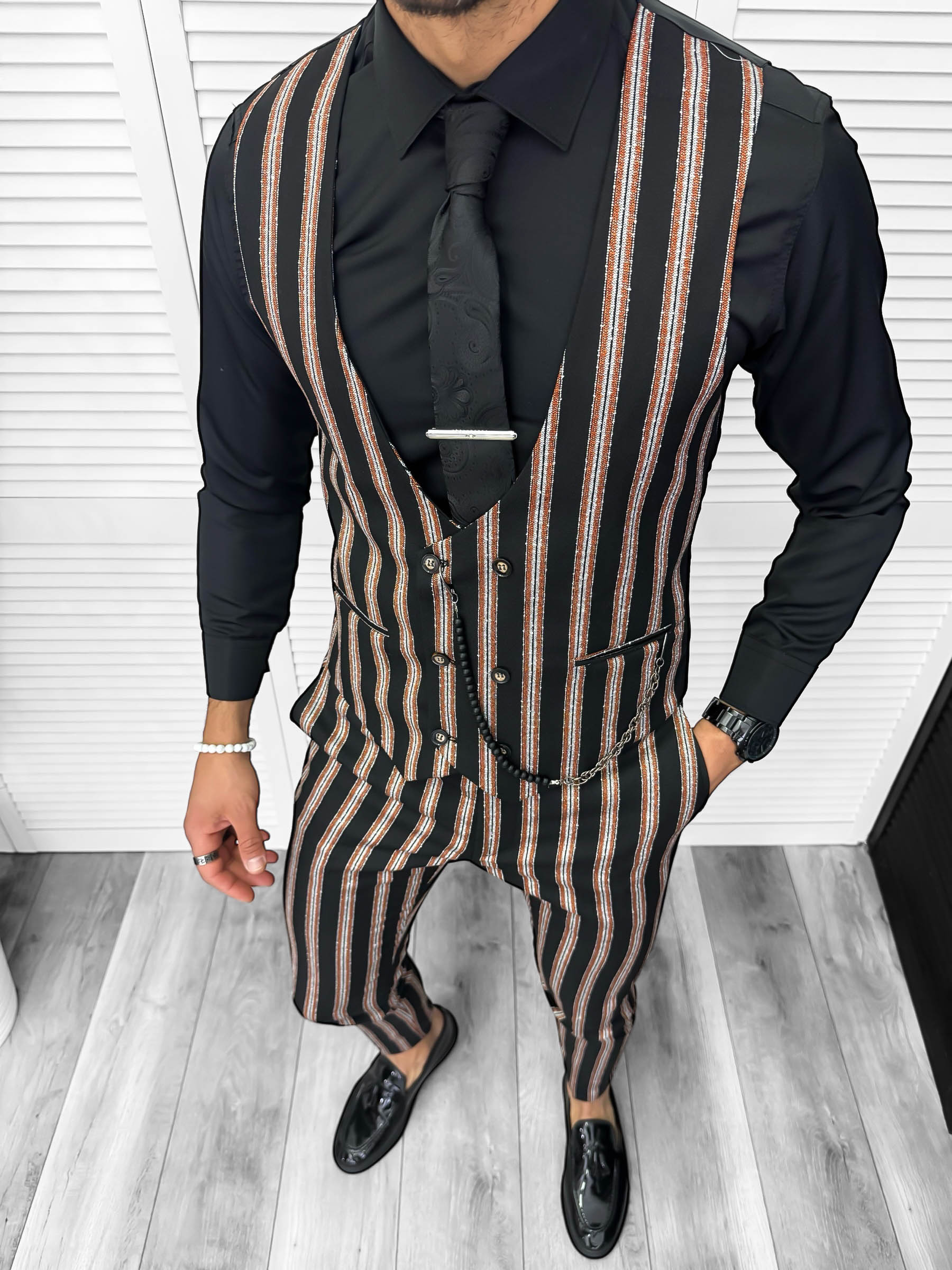 Compleu barbati  Vesta + Pantaloni B4061  Lant si cravata cadou 129-2
