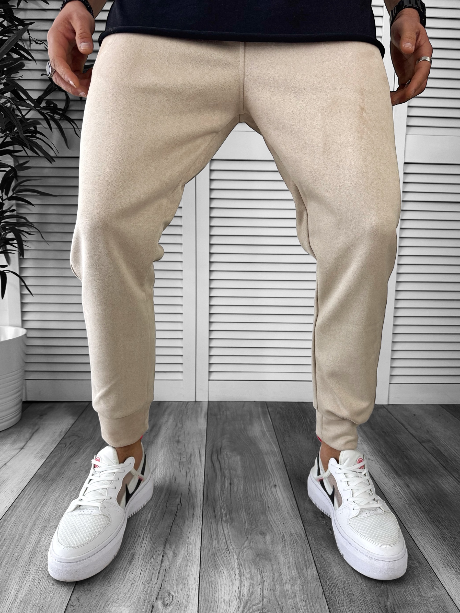 Pantaloni de trening slim fit catifea bej B6236 45-3