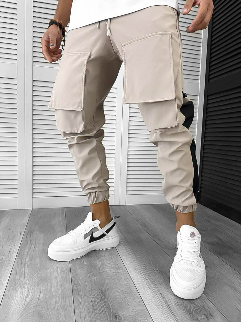 Pantaloni de trening cargo bej conici Y359 32-4