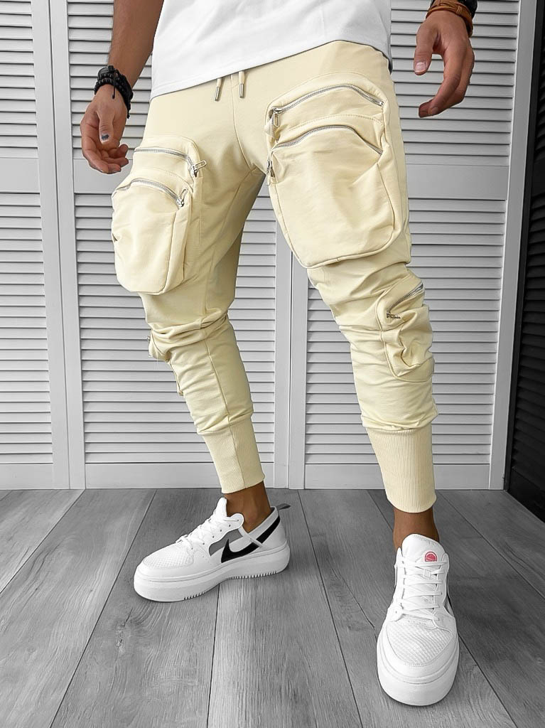 Pantaloni de trening cargo bej conici Y248 33-2