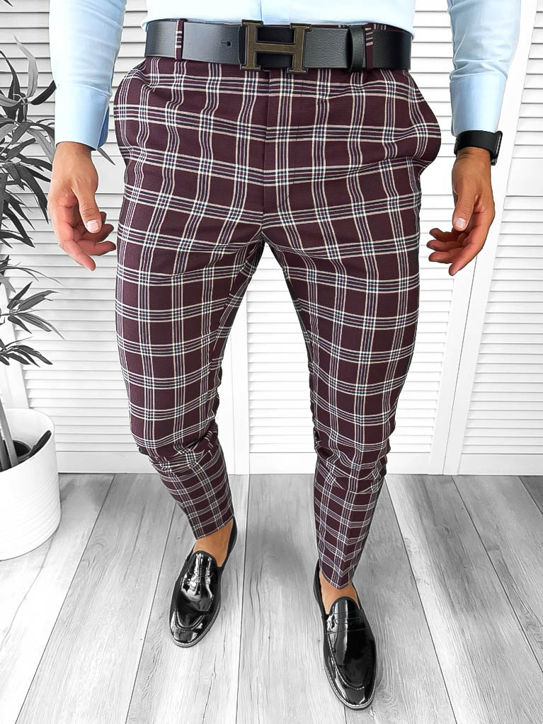 Pantaloni barbati eleganti grena in carouri B1626 F7-5