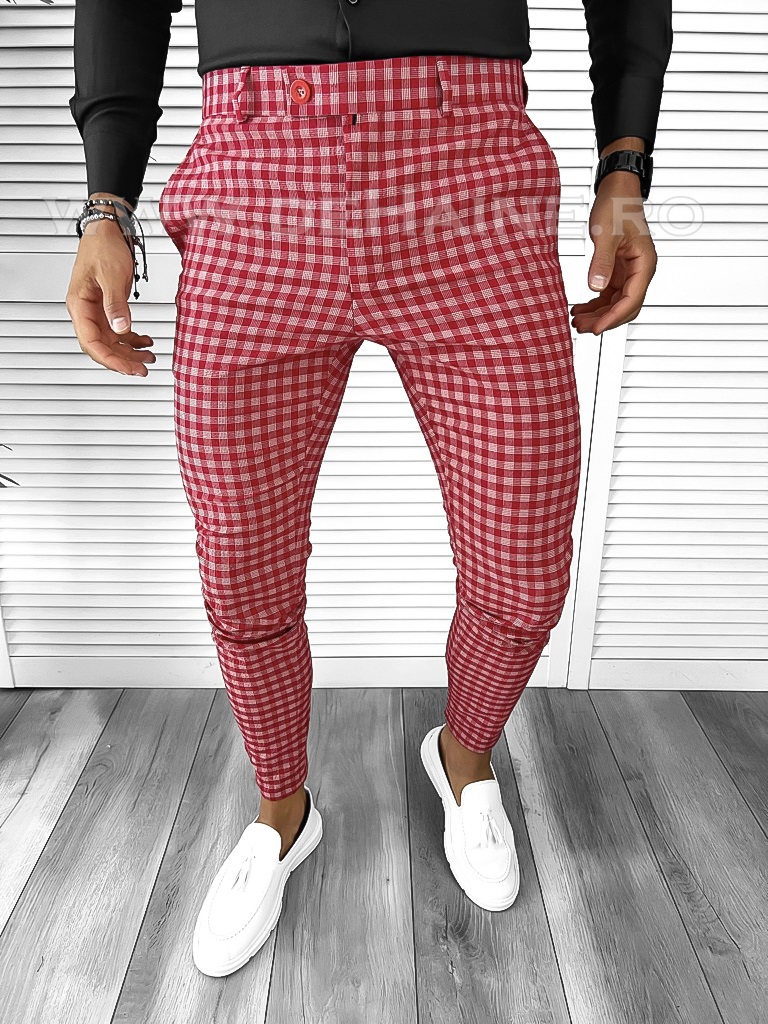 Poze Pantaloni barbati eleganti rosii in carouri B1855 250-3 E F5-3
