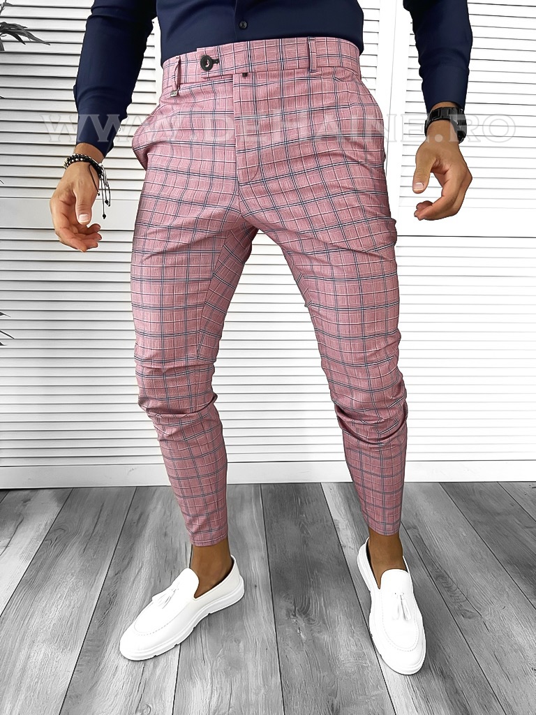 Pantaloni barbati eleganti roz in carouri B8772 12-3 E ~