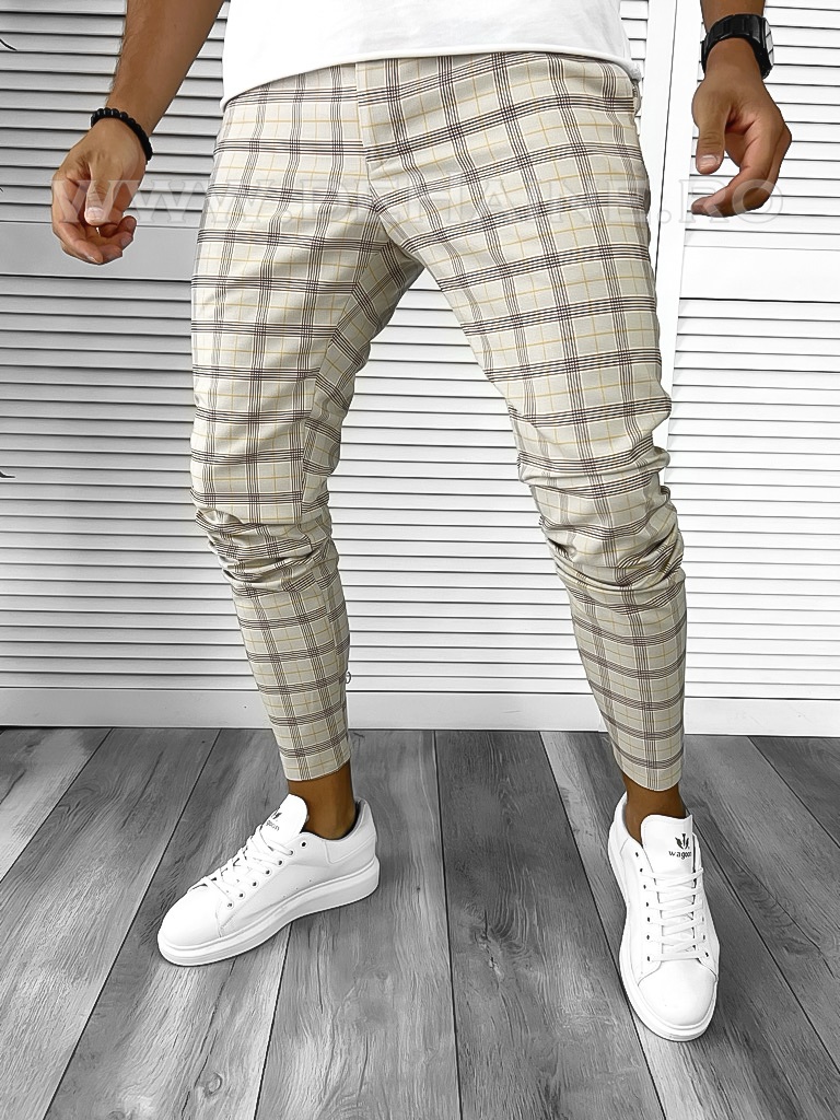 Pantaloni barbati casual regular fit bej in carouri a8451 o6-1.3