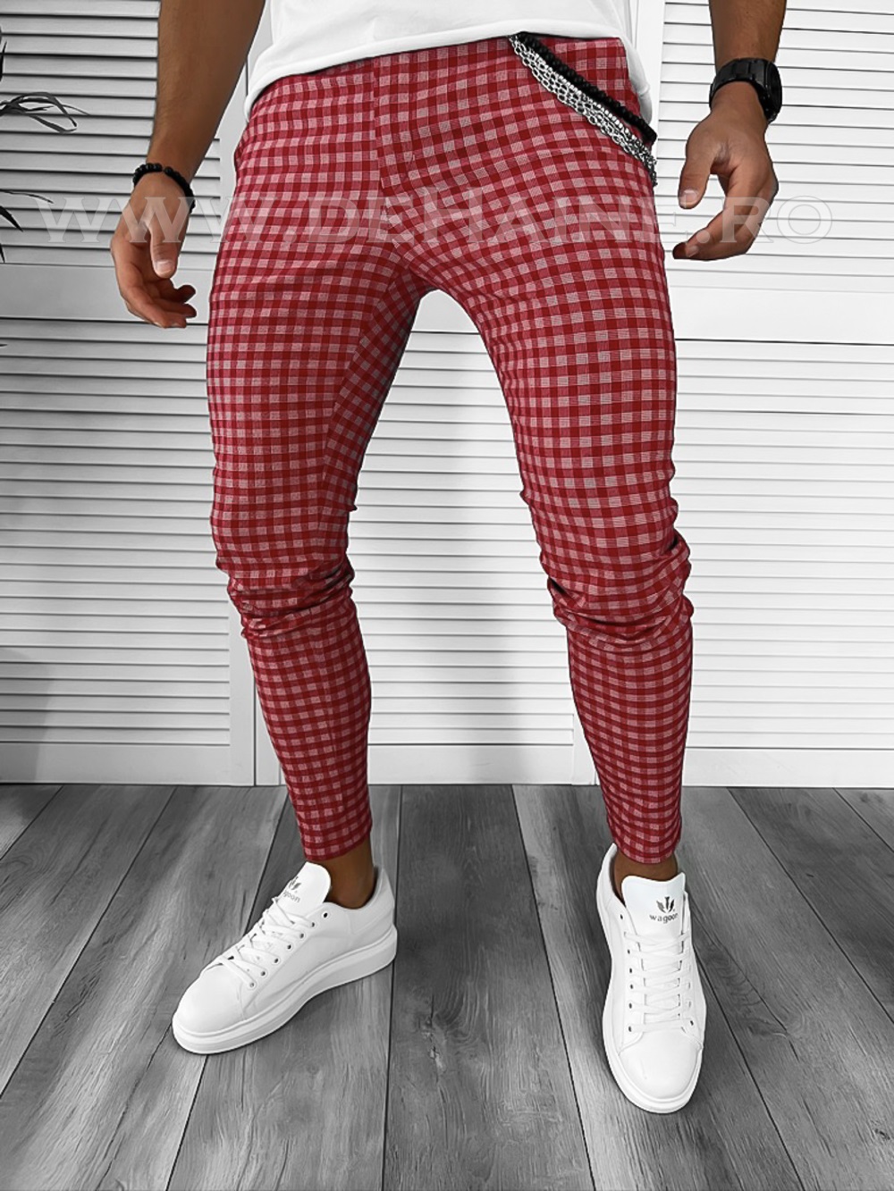 Pantaloni barbati casual regular fit rosii in carouri B1855 55-1.2 E~