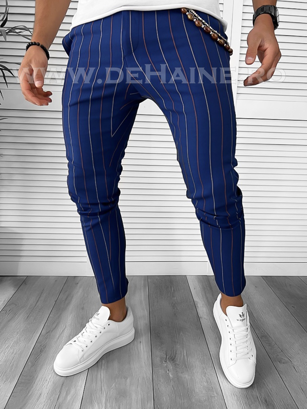Pantaloni barbati casual regular fit bleumarin in dungi B7871 26-1.2 E~