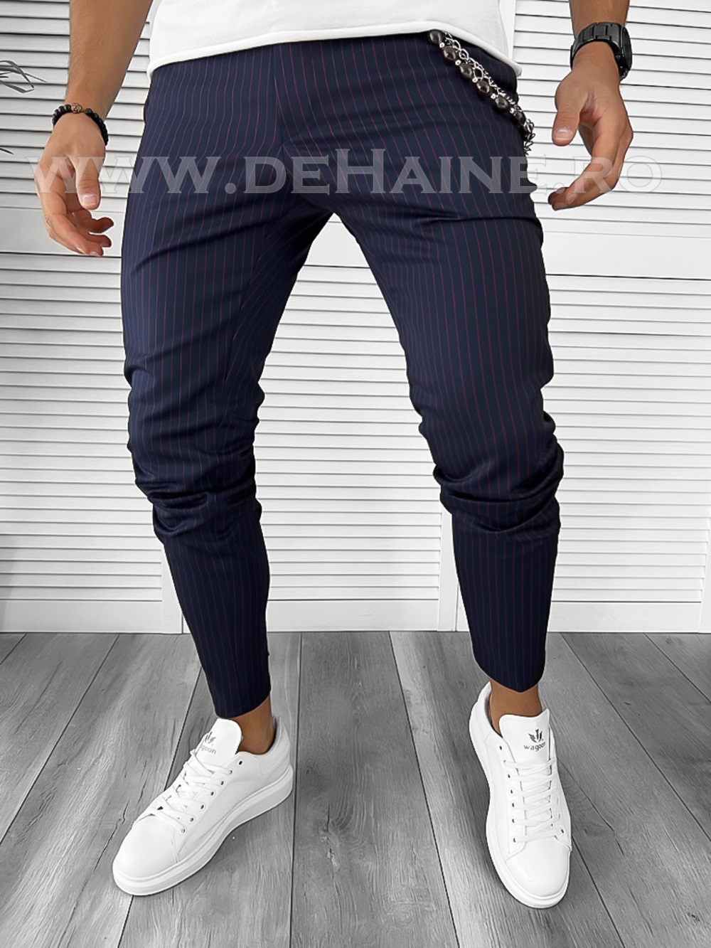 Pantaloni barbati casual regular fit bleumarin in dungi B7886 14-4 E~