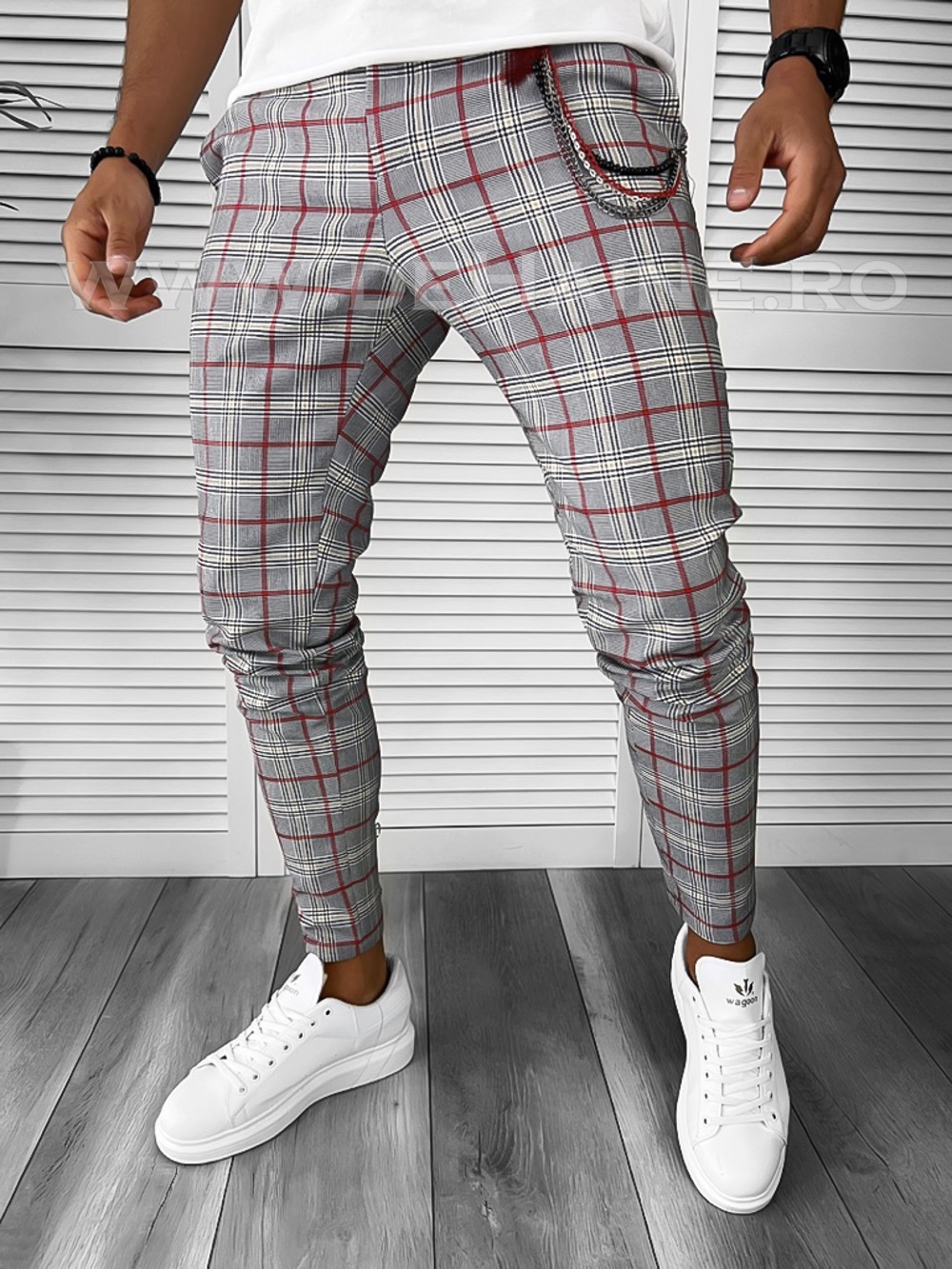 Pantaloni barbati casual regular fit gri in carouri B7844 E12-2