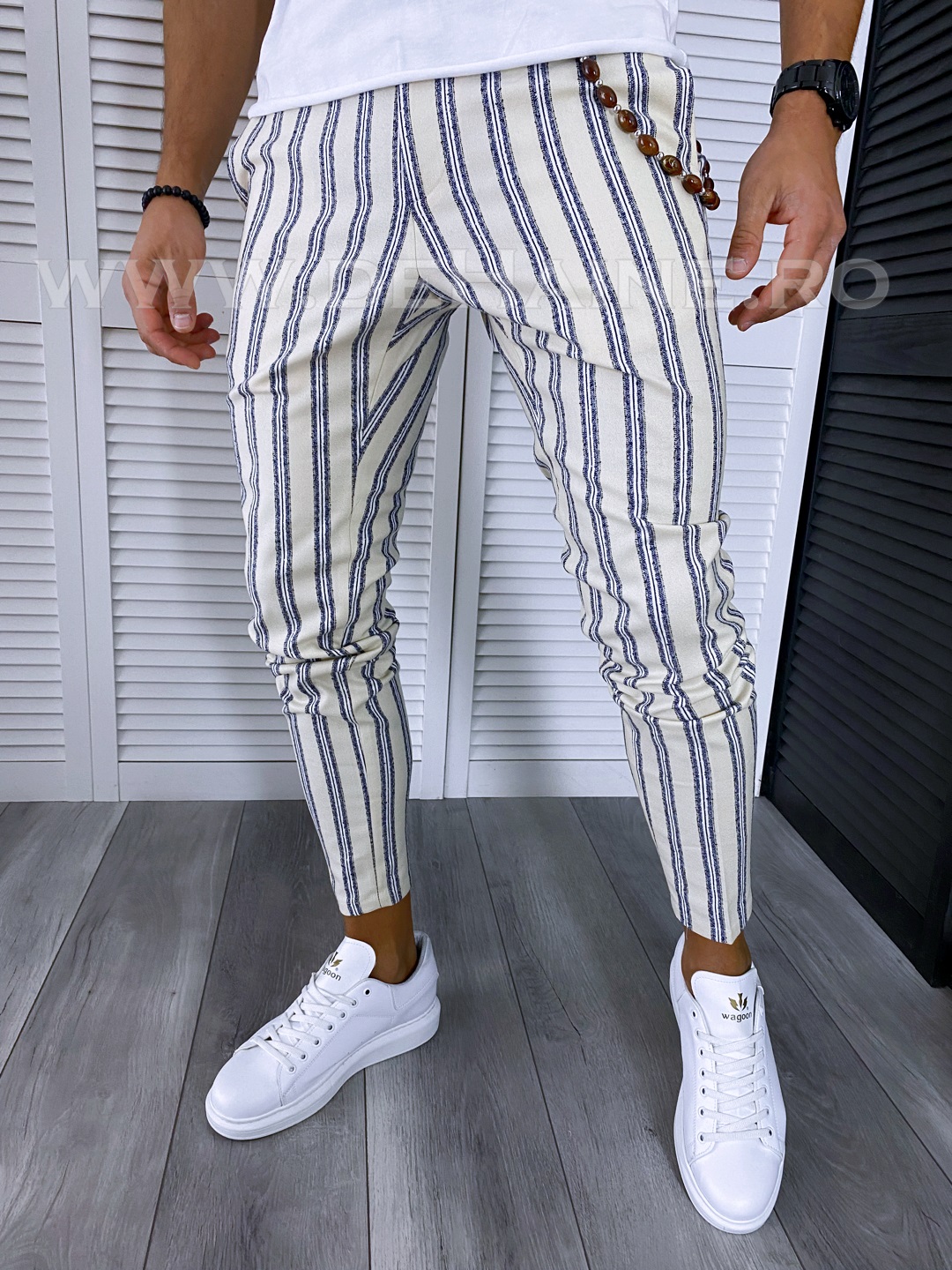 Pantaloni barbati casual regular fit bej in dungi B1594 E 6-1