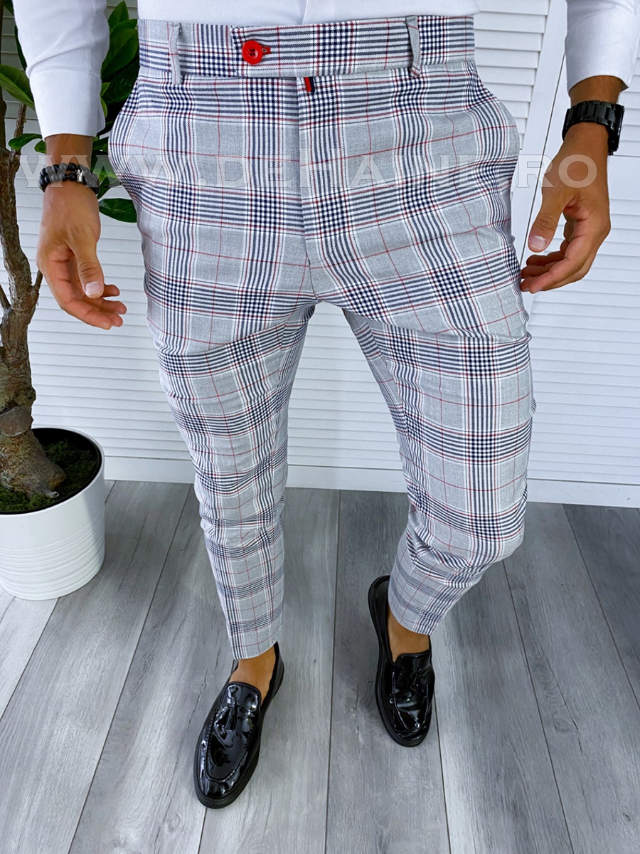 Pantaloni barbati eleganti gri in carouri 1020