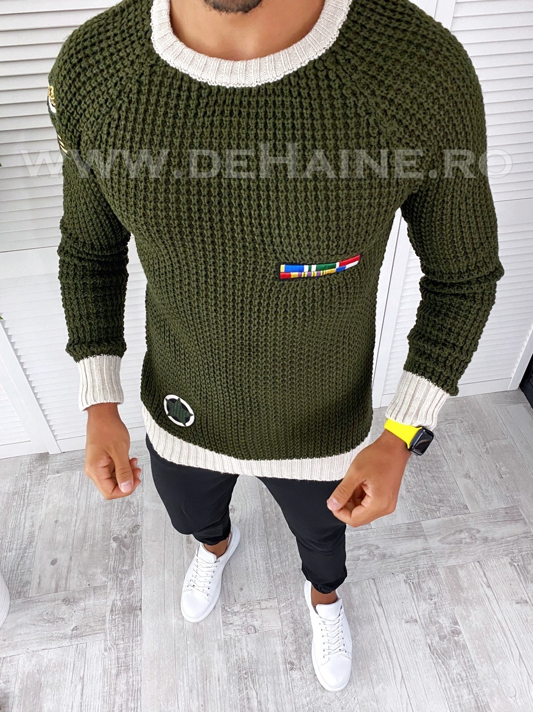 Pulover barbati gros kaki slim fit t3583 n5-4