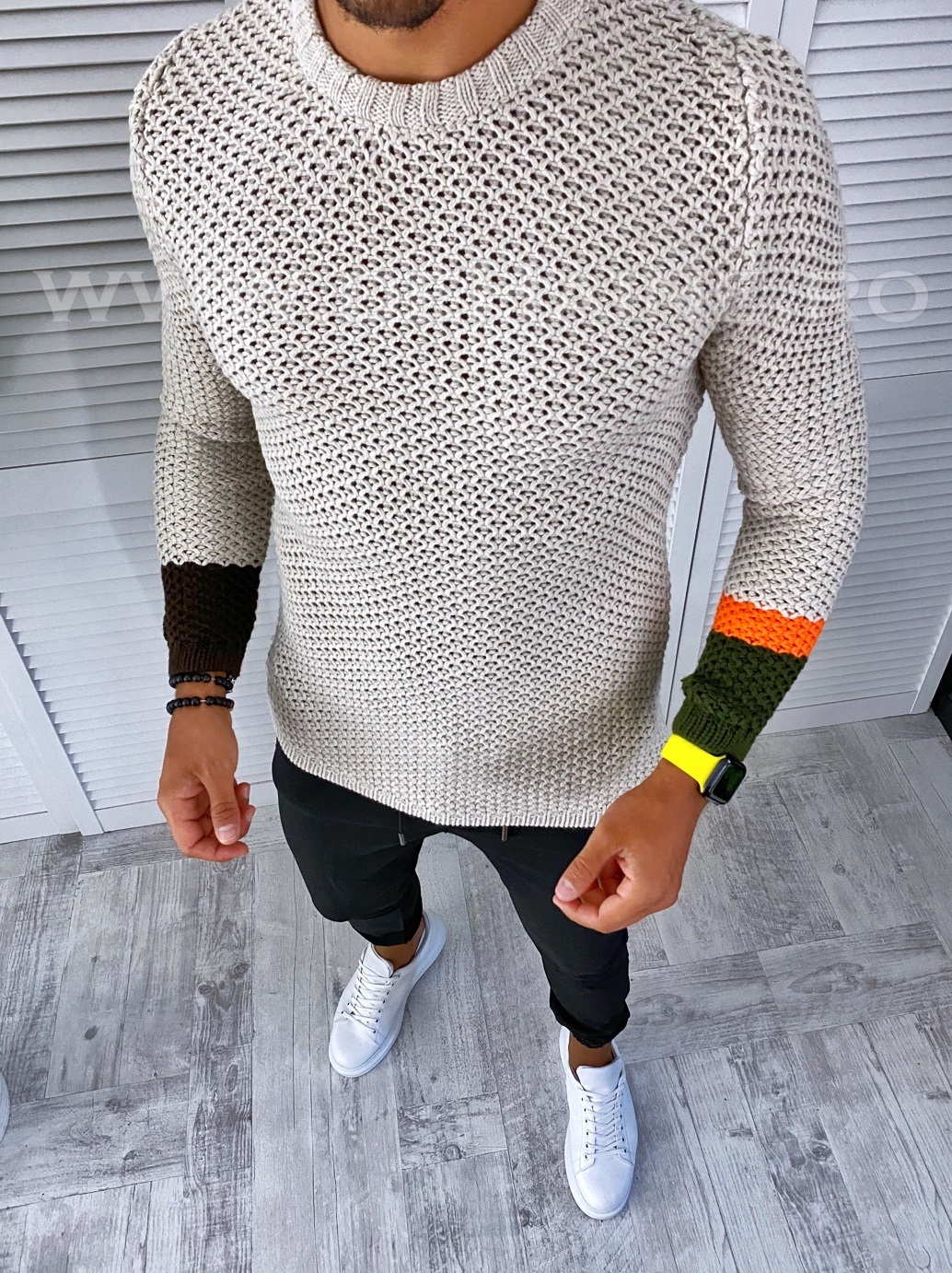 Pulover barbati gros bej slim fit t3585 7-1*