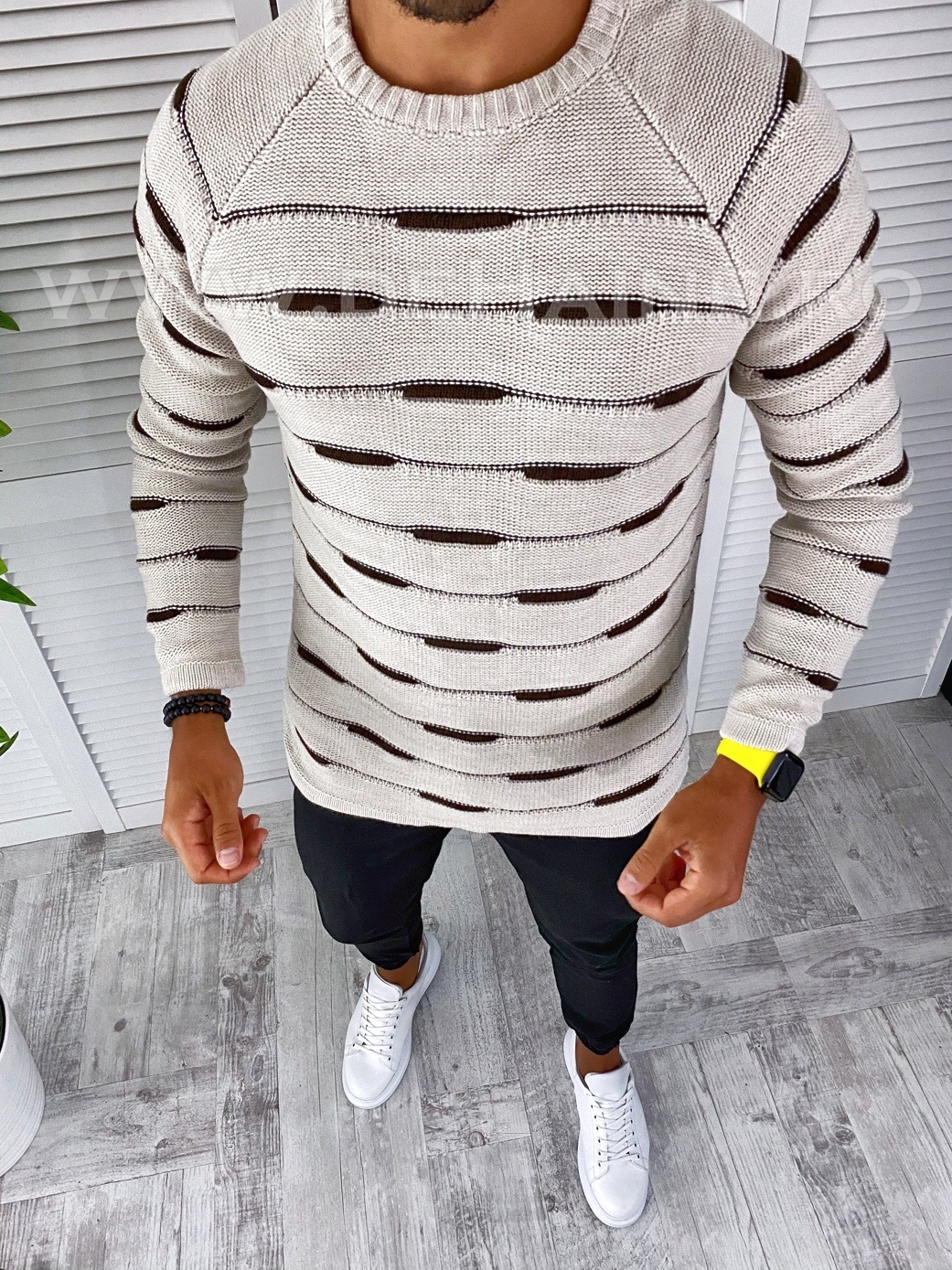 Pulover barbati gros bej slim fit t3622 n5-4