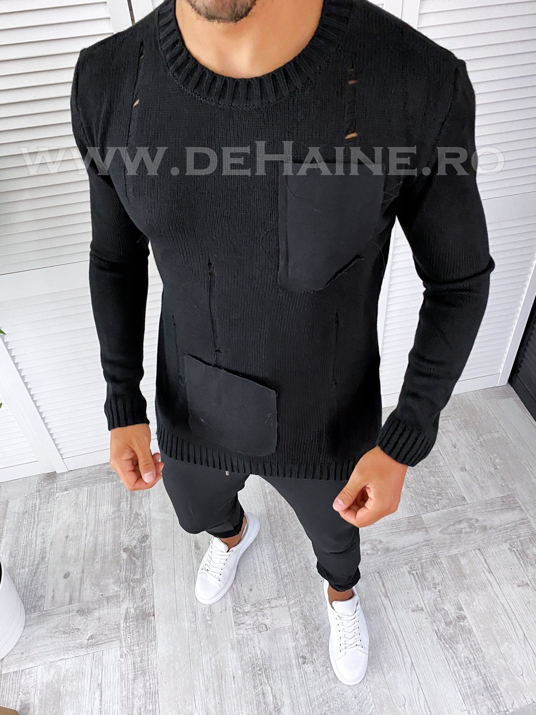Pulover barbati gros negru slim fit t3642 n5-4
