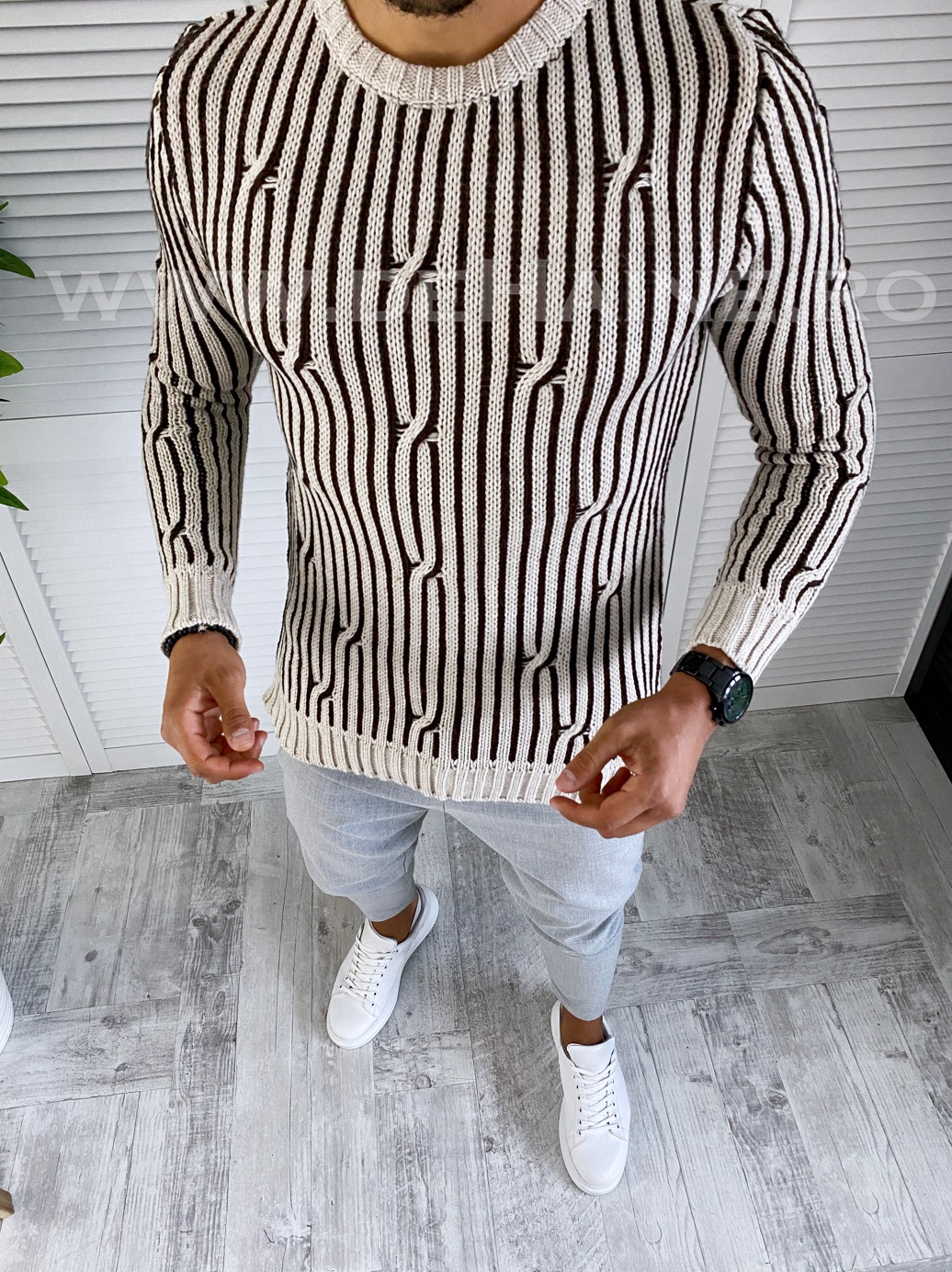 Pulover barbati gros slim fit bej t3575 x14-2