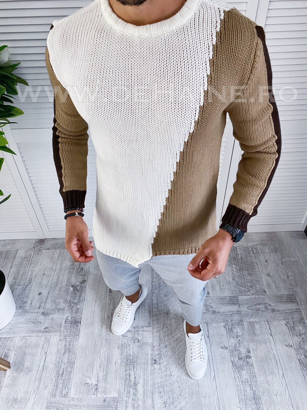 Pulover barbati gros slim fit alb t3619 x13-4