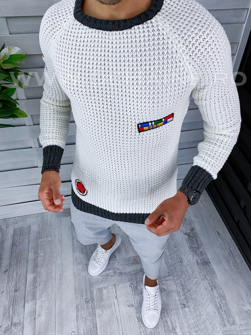 Pulover barbati gros slim fit alb t3583 80-1