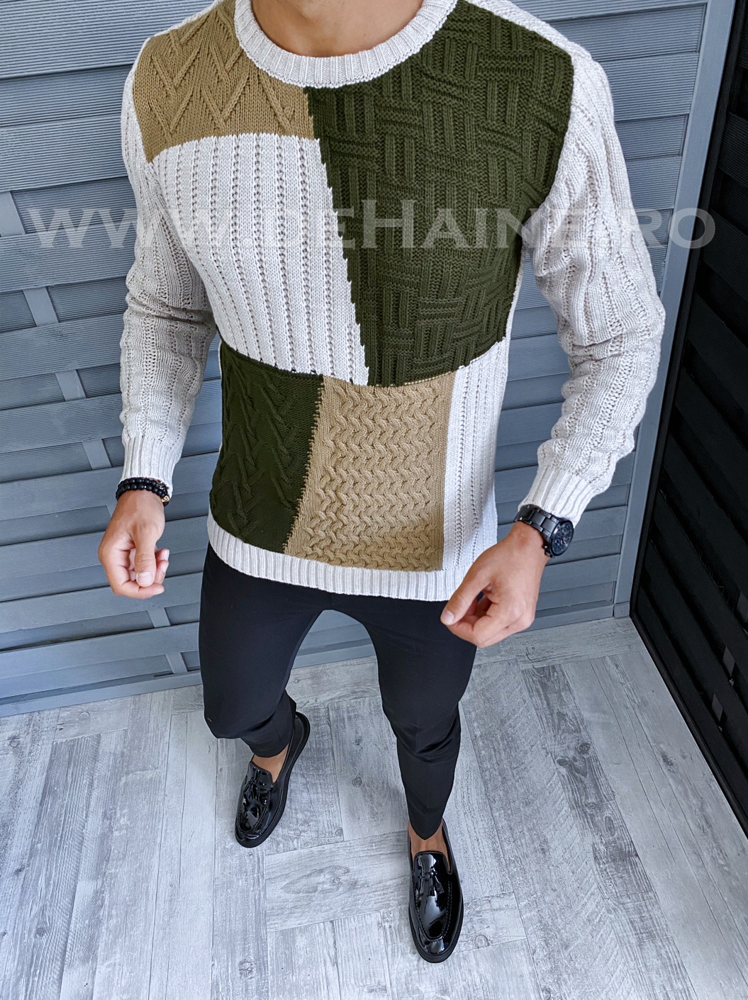 Pulover barbati gros slim fit bej t3611 i16-1