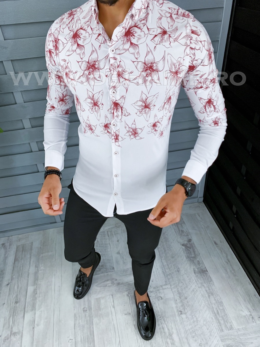 Camasa barbati alba cu imprimeu slim fit b2120 o6-1