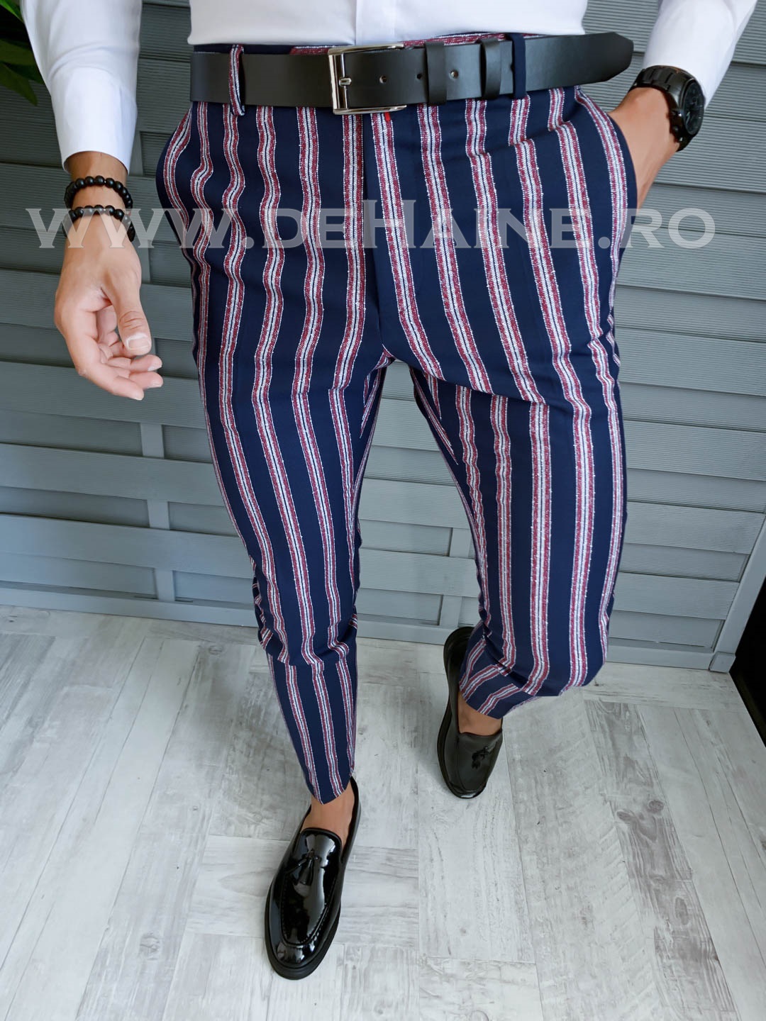 Pantaloni barbati eleganti bleumarin cu dungi B1603 F5-1 E