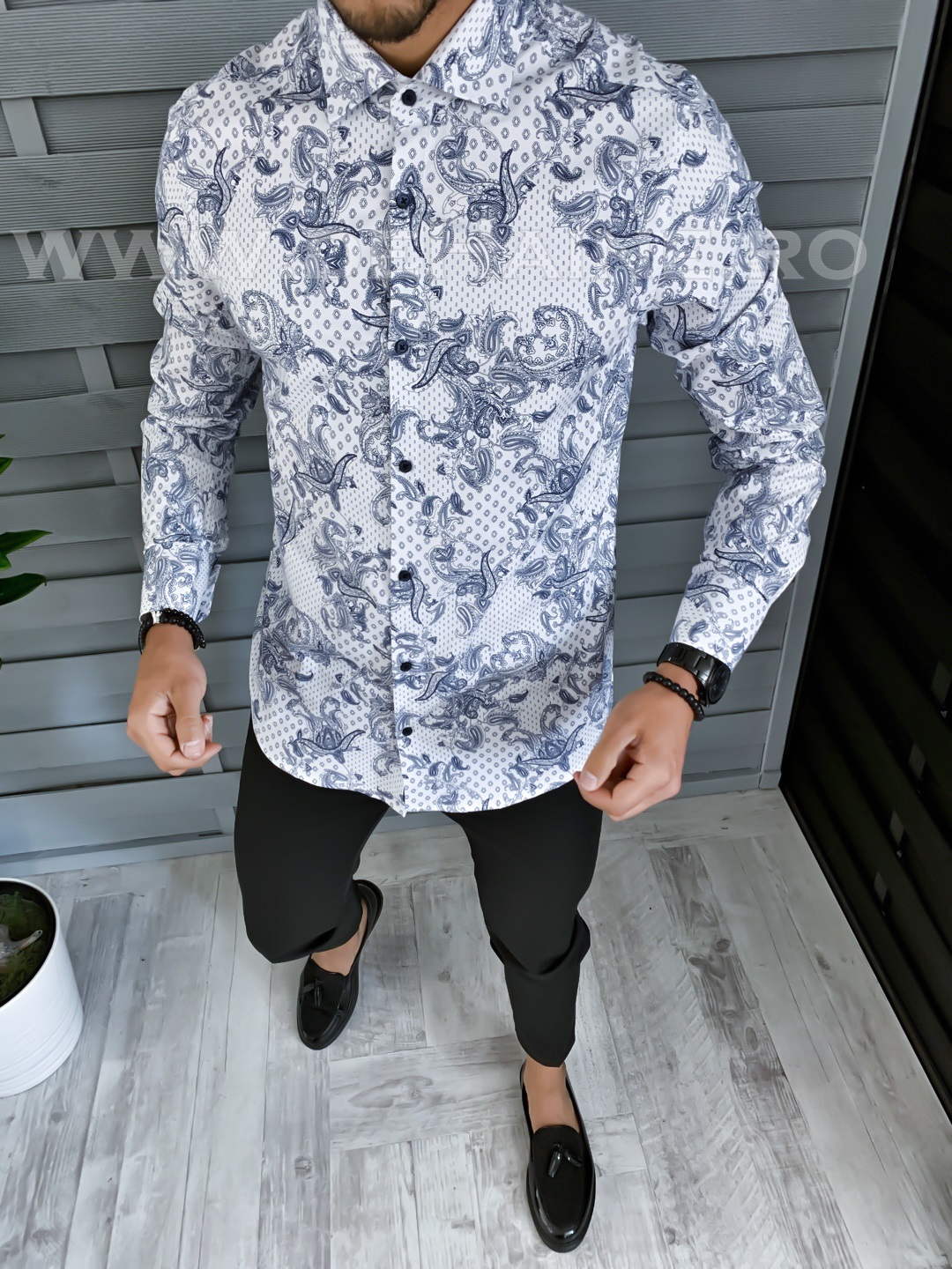 Camasa barbati eleganta alba cu imprimeu slim fit a5997 w18-3