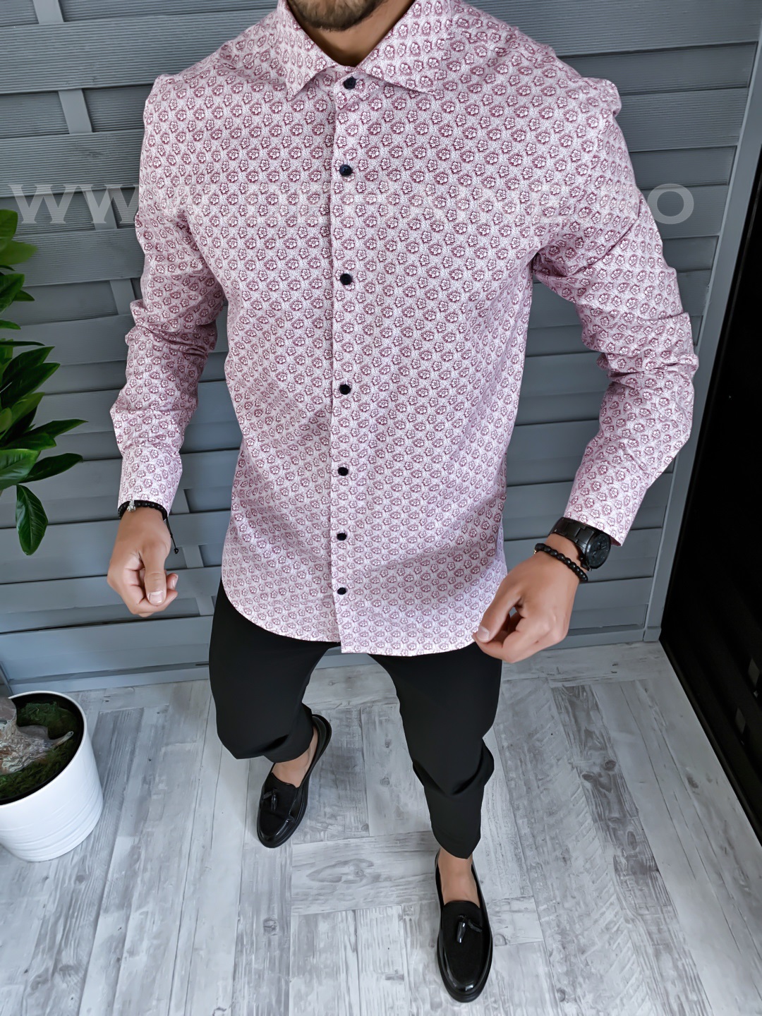 Camasa barbati eleganta roz cu imprimeu slim fit b1356 w5-3
