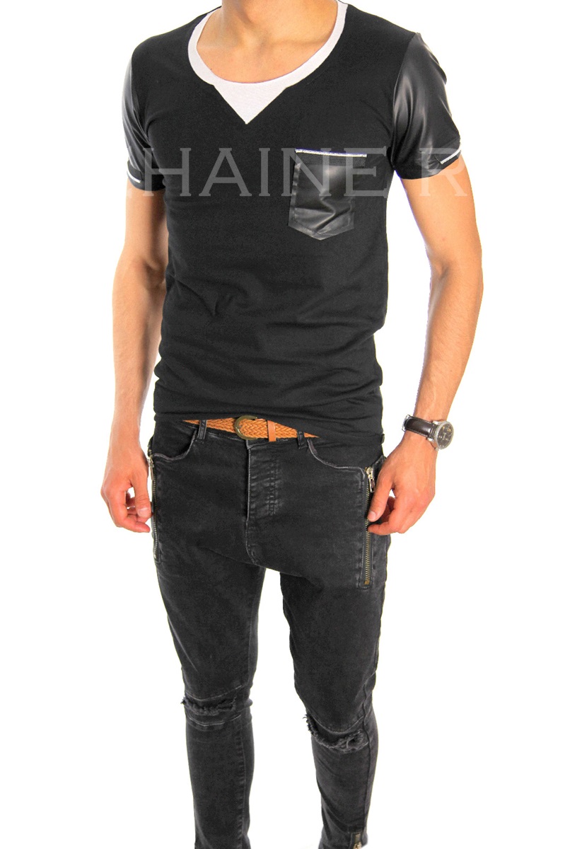 Tricou barbati negru slim fit ZR 6539 P16-1