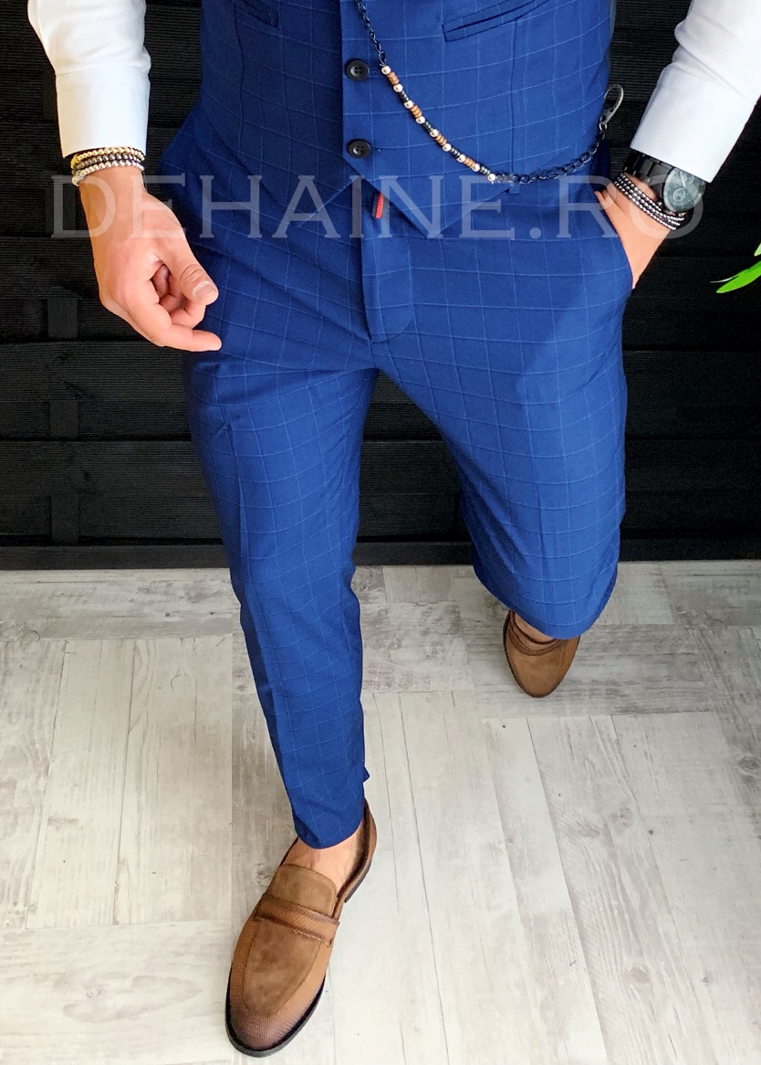 Pantaloni barbati eleganti albastrii in carouri ZR A9018 J3-1