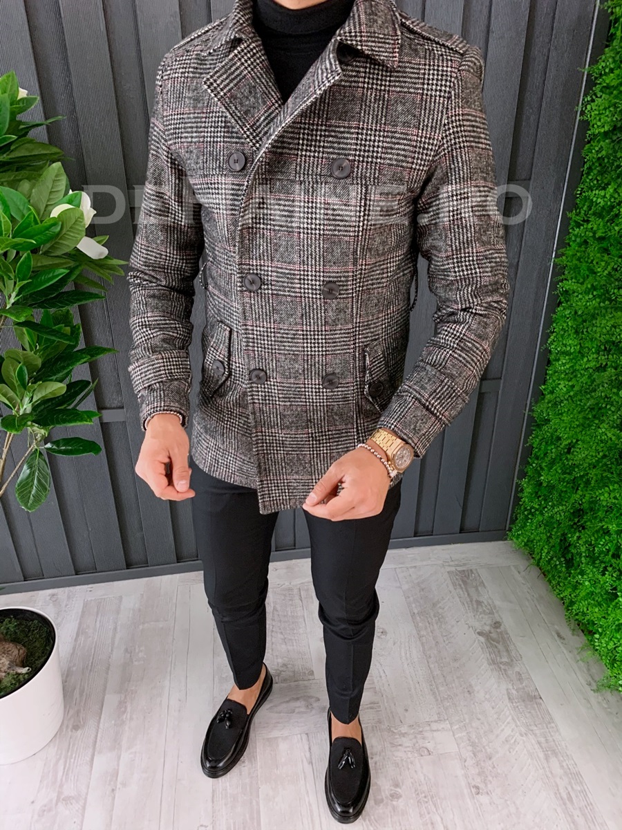 Palton barbati primavara slim fit in carouri a6642 s36